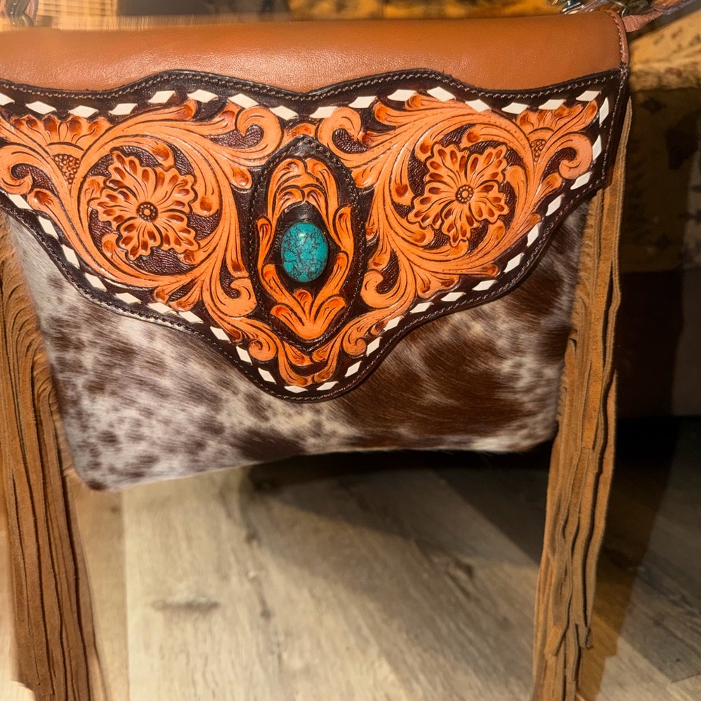 Montana West Brown Tooled Leather & Turquoise Accent Fringe Crossbody